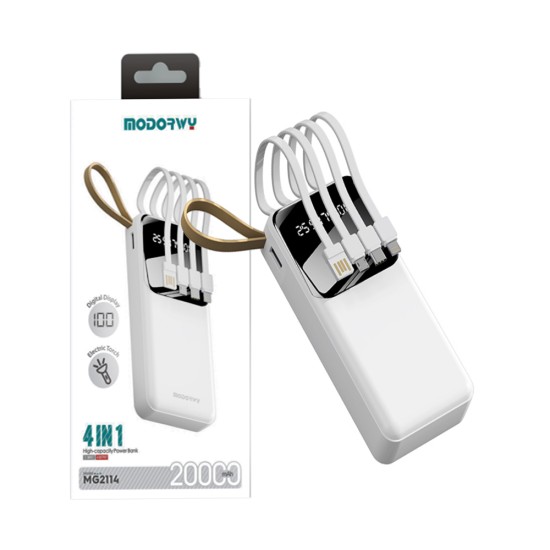 Power Bank 4 in 1 Modorwy MG2114 Cabos Embutidos 20000mAh Branco